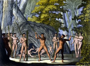 Futte mellem botocudos, indianere fra Brasilien - i "" Det gamle og moderne kostume"" af Ferrario, red. Milano af Unknown artist