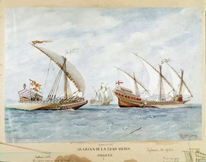 Galley og galeon fra det 15. århundrede (Akvarel af Unknown artist