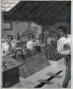 Galvanisk forgyldning: skraber-boessage af guldsmykker med en skraber-boesse. Indgravering fra 1885 i "" Les arts et metiers illustres"" af Adolphe BITARD. af Unknown artist