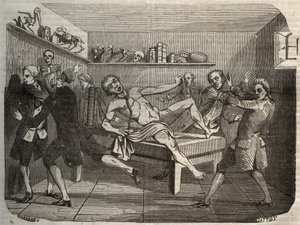 Galvanisering af liget af en bøddel med bunken af Alessandro (Alexandre) Volta: under påvirkning af elektricitet ser liget ud til at komme tilbage til livet. Indgravering fra 1856 i "" Le Musee Des Sciences"" af Unknown artist