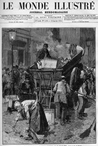 Skraldeboks, den nye lastbil rue du Cherche Midi (Cherche-Midi) i Paris. Mænd og kvinder, der samler affald op på en gade i Paris for at lægge det i en vogn og dermed rydde op i livet. Gravering i "" Le Monde Illustré"" af Unknown artist