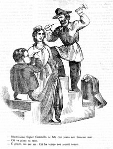 Garibaldi: Hr. Camillo (Cavour), hvis du går så langsomt, bliver vi aldrig færdige. Cavour: Hvem går langsomt går langt Garibaldi: Det er rigtigt, men hvem har tid, vent ikke på tiden. Satirisk stik af Il Fischietto af Unknown artist