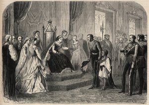 General Robert Cornelis (Cornelius) Napier (1810-1890) introducerede Leul Alemayehou Tewodros (1861-1879), søn af den etiopiske negus Theodoros II (Tewodros), for dronning Victoria Iere (1819-1901). Indgravering i "The Illustrious Universe" af Unknown artist