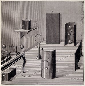 Generelt layout af Heinrich Hertz (1857-1894) eksperimenter på elektriske bølger - i "" Physique populaire" af Emile Desbeaux, Flammarion af Unknown artist