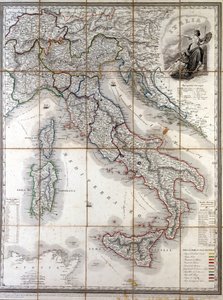 Geografisk kort over Italien i 1850 med afgrænsning af grænserne for de forskellige stater, der udgjorde landet før Risorgimento. af Unknown artist