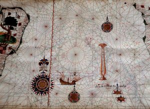 Geografi: detalje af et navigationskort over Luis Lazare (1500-tallet), der repræsenterer øerne i Tristan da Cunha-øgruppen (eller Tristan d