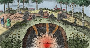 Geologi: skære jordens bark for at forklare ildens udgang fra jorden. Gravering fra "Mundi Mirabilis Oeconomia"" af Johann Zahn (1631-1707) af Unknown artist