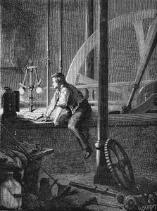 Georges Stephenson, en chaufførarbejder i Newcastle, skiller ad og reparerer sin dampmaskine. I” Album de la Science”, Éditions Jouvet af Unknown artist