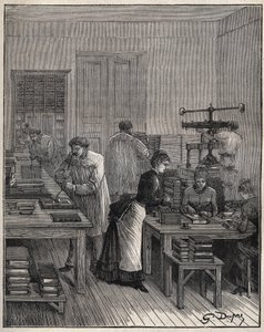Forgyldning af bøger (omslag) i jern på et værksted i Frankrig i 1800-tallet. Indgravering fra 1885 i "" Les arts et metiers illustres"" af Adolphe BITARD. af Unknown artist