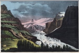 Glacier de Grindelwald i Schweiz - Schweiz, Grindelwald-gletsjeren i det 19. århundrede - indgravering fra "" Skikke og traditioner for alle mennesker i universet. Det er historien om regeringen, lovene, militsen, om religionen fra alle nationerne af Unknown artist