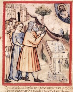 Gud viser sig for Jakob efter at have opbygget et miniaturealter fra codex 212 (eller Padovano Codice eller Bible of Padua) 1390-1400 Rovigo, Accademia dei Concordi af Unknown artist