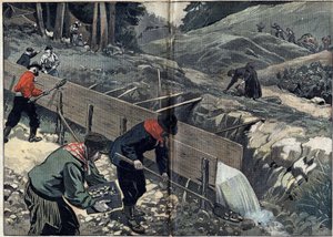 Gold Rush i Alaska: Guldsøgende vasker guldmudder. En kvinde samler pepiter op, mens nye guldsøgende ankommer til lejren. Illustration i "" Le Pelerin"" af 20. februar af Unknown artist