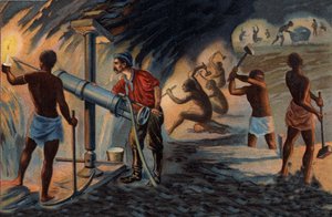 Guldminedrift: inde i en mine i Transvaal. Minearbejder ved hjælp af et bor, der arbejder ved hjælp af trykluft. Kromolitografi i slutningen af det 19. århundrede. af Unknown artist