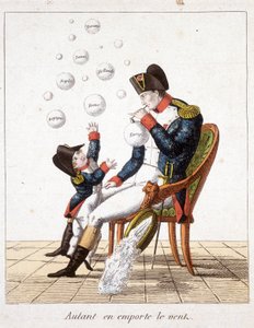 Borte med vinden: Napoleon laver sæbebobler fra Toscana, Schweiz, Holland, Napoli, Rom, Spanien og Europa - i "" Napoleon 1st, karikaturer, dummy-samling"", ca. 1814 af Unknown artist