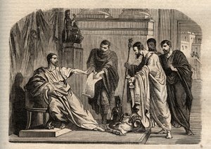 Gordian I (158-238) nægtede kejserlig værdighed - Gordian I (Marcus Antonius Gordianus Sempronianus Romanus Africanus) nægtede den kejserlige værdighed - indgravering i "" Dictionnaire populaire illustrious" - 1864 - af Joseph Decembre og Edmond Allonier - af Unknown artist