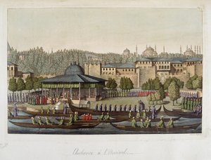 Osmannernes regering: audiens ved admiralen - i "" Det gamle og moderne kostume"" af Ferrario, ed Milan af Unknown artist