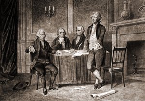 Guvernør Morris (1752-1816), med Adams, Hamilton og Jefferson. af Unknown artist