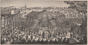 Grand Banket givet af Tamerlan (1336-1405) (eller Timur Lang, "Timur den lamme") på Khani Gheul-sletten for at fejre hans børnebørns bryllup - Gravering 1800-tallet af Unknown artist