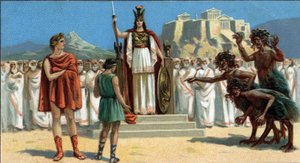 Store græske tragedier: "The Orestia"" af Aischylus. Oreste dukkede op for Areopage eller Højesteret i Athen, ledet af gudinden Pallas Athene eller Minerva, assisteret af Apollo. Til højre ses Eumenides (de tre furier). Orestie er fraværende af Unknown artist