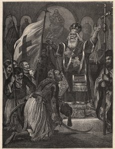 Græsk uafhængighedskrig 1821 - 1829: biskop Germanos (Germain) III af Old Patras (Georgios Gotzias) velsigner flaget for kampen for frihed, Agia Lavra kloster (Sainte Laure du Peloponnese), 21. marts 1821 - gravering efter maling af Unknown artist