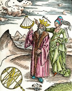 Den græske astronom Claude Ptolemæus (Claudius Ptolemaeus) (omkring 90-omkring 168 e.Kr.) ved hjælp af en sekstant og astronomi. Stik fra 1503. Privat Samling af Unknown artist