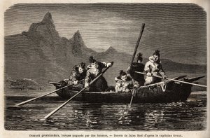 Grønland Umyak, type båd drevet af kvinder. Gravering til illustration af rejsen til det frie hav af den arktiske pol, af Doctor Hayes, kirurg fra den amerikanske flåde, i 1860-1862, offentliggjort i "Le tour du monde, nouveau journal des voyages", rediger af Unknown artist