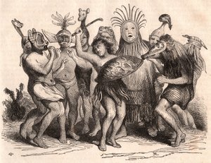 Gruppe af brasilianske vilde danser med kostumer, masker og traditionelle hovedbeklædninger af Unknown