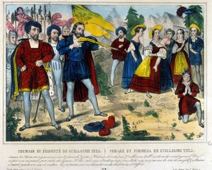 Guillaume Tell (William Tell) (legendarisk helt fra schweizisk uafhængighed). Barbaren Gesler tvinger Guillaume Tell til at fjerne et æble på hans barns hoved med en pil. 1800-tals gravering af Unknown artist