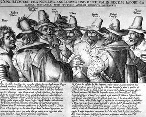 Krudt: Bates, Robert Winter, Christopher Wright, John Wright, Thomas Percy, Guido Fawkes, Thomas Winter af Unknown artist