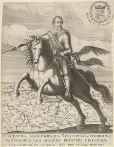 Gustav II Adolf foran et kort over Pommern i baggrunden. 1630 af Unknown