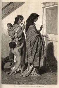 Sigøjnerkvinder og -børn, i klude eller halvnøgne, beder om dør-til-dør almone i Essek (Donaubassinet). Gravering for at illustrere minderne om rejser blandt de sydlige slaver, af Georges Perrot, i 1868, udgivet i "" Le tour du monde"" 1870-1871, edit af Unknown artist
