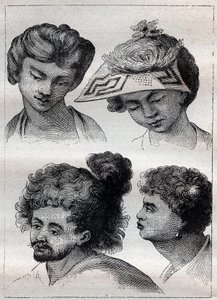 Frisurer af indbyggerne i Taiti (Tahiti) - illustration taget fra "De store søfolk i det 18. århundrede"" af Unknown artist