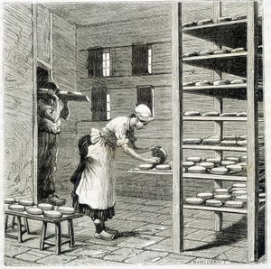 Haloir (eller tørretumbler) til fremstilling af camembertost - i "" Industriens vidundere"" af Louis Figuier af Unknown artist