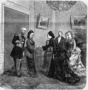 Håndholdt mellem Elisabeth de Mac Mahon (1834-1900) og den østrigske impress Elisabeth de Wittelsbach (1837-1898) (Sissi) under besøget af den franske republiks præsident Patrice de Mac-Mahon (1808-1893) i Østrig. 1875. Stik i „Universet af Unknown artist