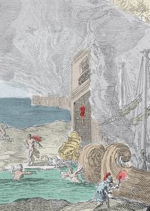 Hængte Iphis frastødt af Anaxarete. Detalje af en illustration taget fra bog XIV af "" Metamorphoses"" (Metamorfosi) af Ovide (43 f.Kr.-17 e.Kr.). Indgravering 1637 af Unknown artist