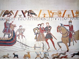 Harold II (1022 - 1066) landede i Normandiet, hvor han blev taget til fange af Vilhelm I Erobreren (1027 - 1087). Bayeux-tapet, kendt som Broderi af Dronning Mathilde af Unknown artist