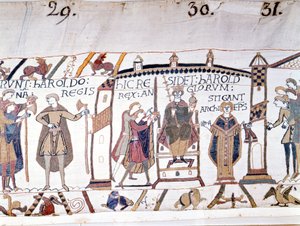Harold II (1022 - 1066) blev udråbt til konge ved Edward Bekenderens død i 1066, men døde snart i slaget ved Hastings. Bayeux gobelin eller broderi af dronning Mathilde af Unknown artist
