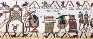 Harold sværger en hellig ed til William i Bayeux, Bayeux Tapestry (uldbroderi på hør) af Unknown artist