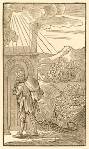 Den, der vil ind, skal først uden at stå og banke på porten... fra The Pilgrims Progress From This World, To That Who Is To Come af John Bunyan (1628-1688) Pilgrimmen når indgangen til af Unknown