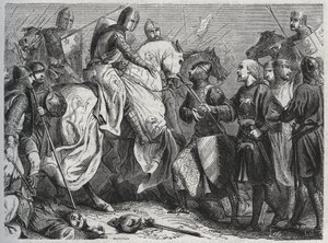 Henry III (Henry III Plantagenet of England) (1207-1272) er fanget af Simon V af Montfort (ca. 1208-1265) ved Lewes i Sussex 1264 - gravering 1864 af Unknown artist