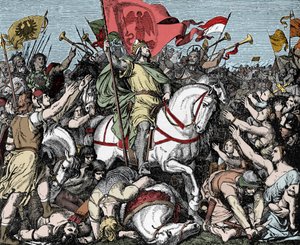 Henry the Fowler udråbt til konge af Østfrankien - Henrik I af Germanien (eller af Sachsen, kendt som Henrik den Oiseleur, 876-936) udråbte til konge af Vestfrankien i 919 af Unknown artist