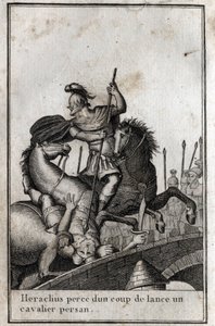 Heraclius I (Flavius Heraclius, Herakleios (ca. 575-610/641), byzantinsk kejser, spyd en persisk rytter (krig mod perserne), 7. århundrede. Indgravering i "Beaute de l