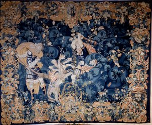 Hercules skyder Hydraen af Lerna ned, der brænder hans tjener Iolaus Tapestry uld og silke, anonym, slutningen af det 16. århundrede. Se, renæssancens nationalmuseum. af Unknown artist