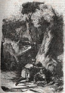 Hermonides væltet og reddet af Zerbin - 1851 gravering fra "" Furious Roland"" (Orlando furioso) (1500-tallet) af Ludovico Ariosto, kendt som Ariosta - Udgave oversat fra italiensk af greven af Tressan og udgivet af Gustave Harvard 1851 af Unknown artist