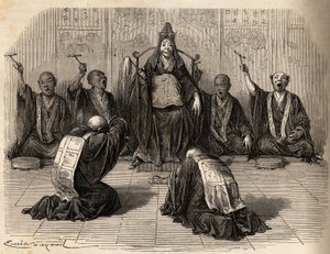 Højbuddhistisk præst bliver tilbedt, omgivet af sine disciple, der rytmerer ritualet med gong og cymbaler. Indgravering til illustration af rejsen til Japan i 1863-1864 af Aime Humbert, minister for Det Schweiziske Forbund, i "Le tour du monde, nouveau jou af Unknown artist