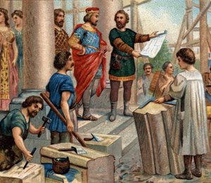 Historiske episoder af berømte byer: Clovis elit Paris som permanent opholdssted (i 508). Kromolitografi af det 19. århundrede. af Unknown artist