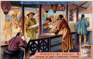 Papirets historie. 4. Papirhandel i Samarkand (= Samarkand) (Turkestan). Liebig kromolitografi af Unknown artist
