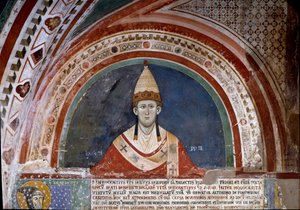 Historien om den hellige Frans af Assisi: repræsentation af pave Innocenzo III, der viser boblen, der bekræfter det franciskanske styre i 1210 (fresko) af Unknown artist