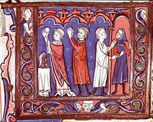 Den kanoniske lovs historie: "" scene for nadver (venstre) og ekskommunikation (højre)"" Miniature taget fra "" Decretales"" af Giovanni d