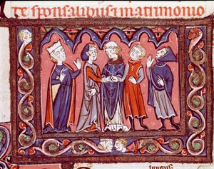 Kanonisk lovs historie: "" bryllupsceremoni""" Miniature fra "Decretales"" af Giovanni d